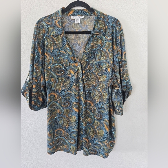 Rebecca Malone Blouse Women 2X Plus Geo Print Button Up Glitter Feminine - Picture 3 of 13
